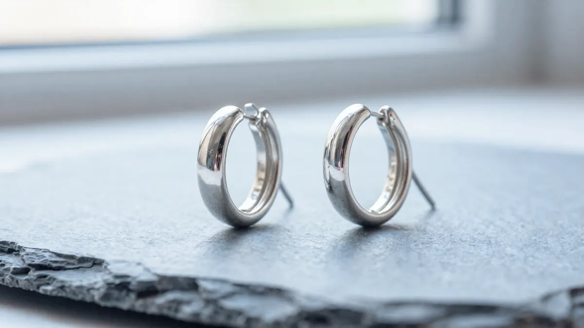 Sterling silver clip earrings with sculpted shapes resting on dark wooden tray beside a small mirror