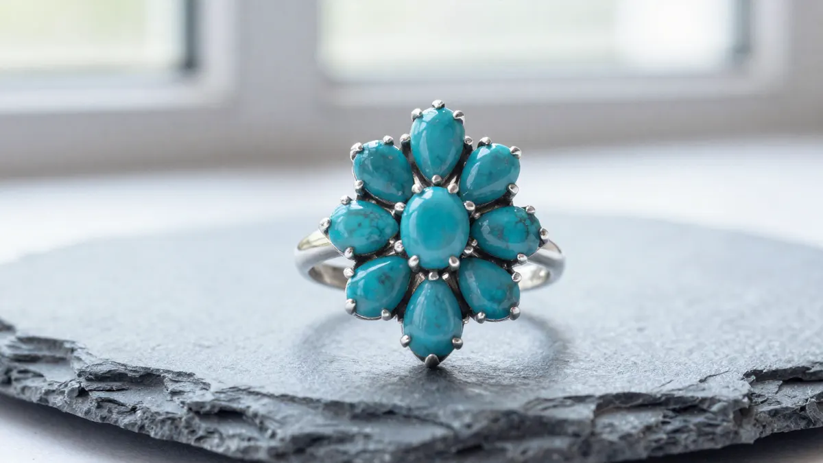 Sterling silver statement ring with a cluster of turquoise stones resting on weathered wood