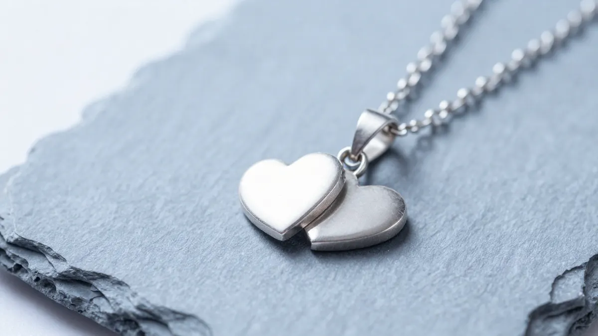 Mother daughter sterling silver pendant necklace with two linked charms resting on soft pink fabric