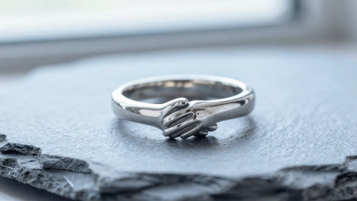 Sterling silver hug ring with interlocking open bands resting on pale marble, polished inner surface catching soft light
