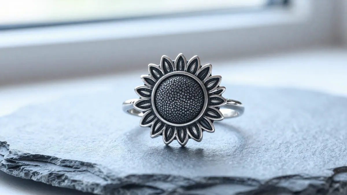 Silver sunflower ring with radiating petals and textured center resting on a folded beige cloth
