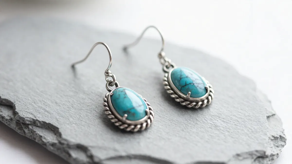 Dangling turquoise earrings with silver hooks and long drops hanging against a soft cream background