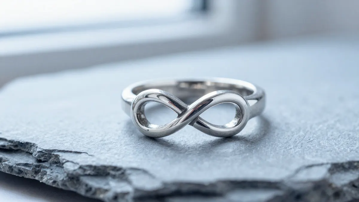 Everlasting love knot band in sterling silver resting on ivory silk ribbon beside a velvet pouch