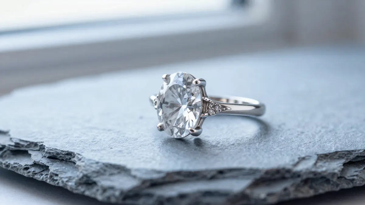 Oval-cut CZ engagement-style ring in sterling silver with a clear simulated diamond on white marble