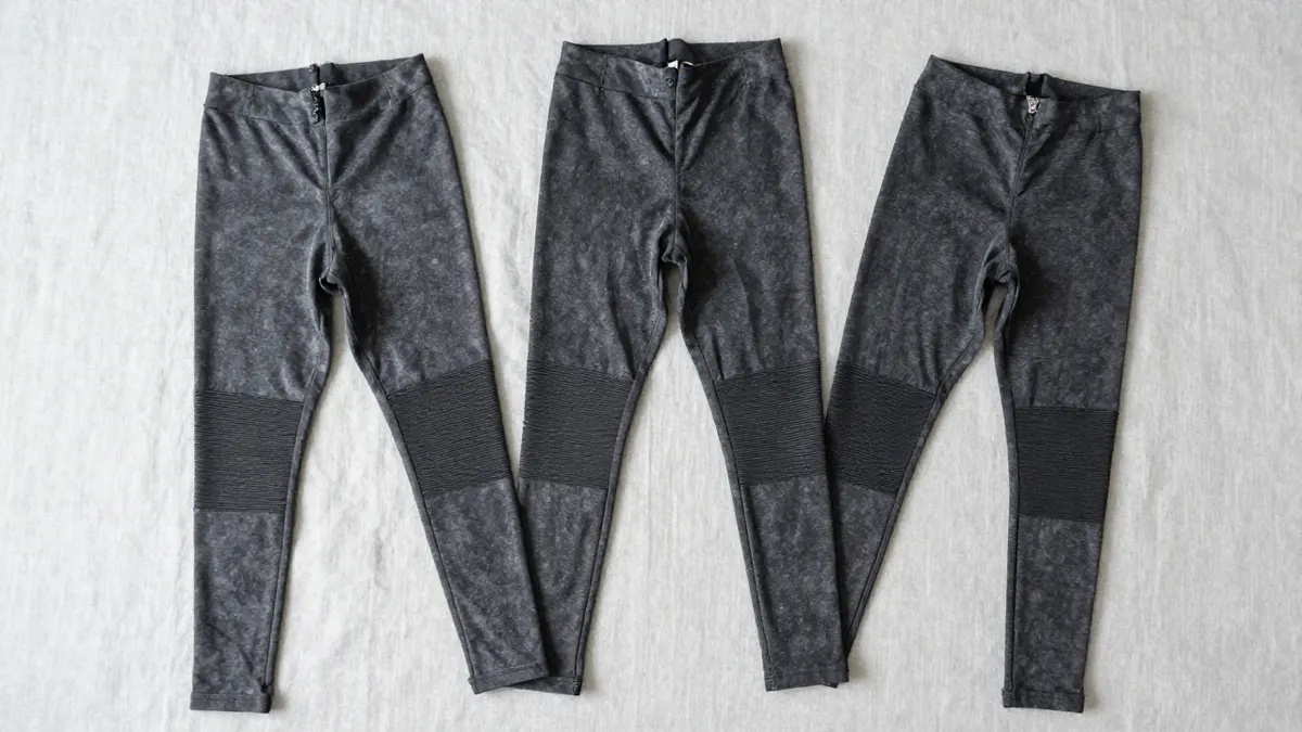 Women's mineral washed moto leggings with zipper details in soft grey wash against a concrete wall