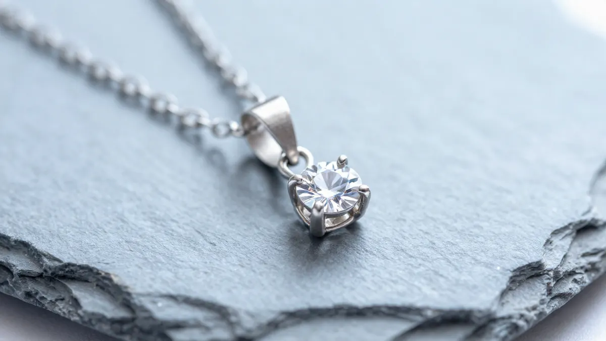 Sterling silver solitaire pendant with a sparkling cubic zirconia stone on a delicate chain against navy velvet