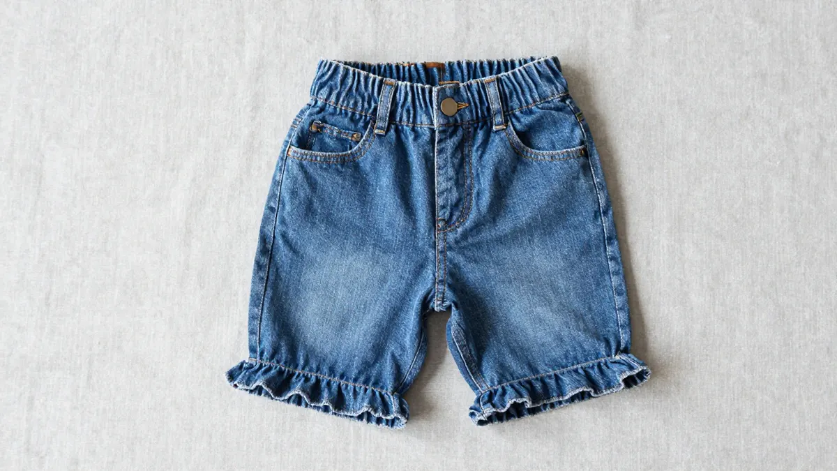 Light wash denim ruffle capris and shorts for toddlers folded on a white bench in bright daylight