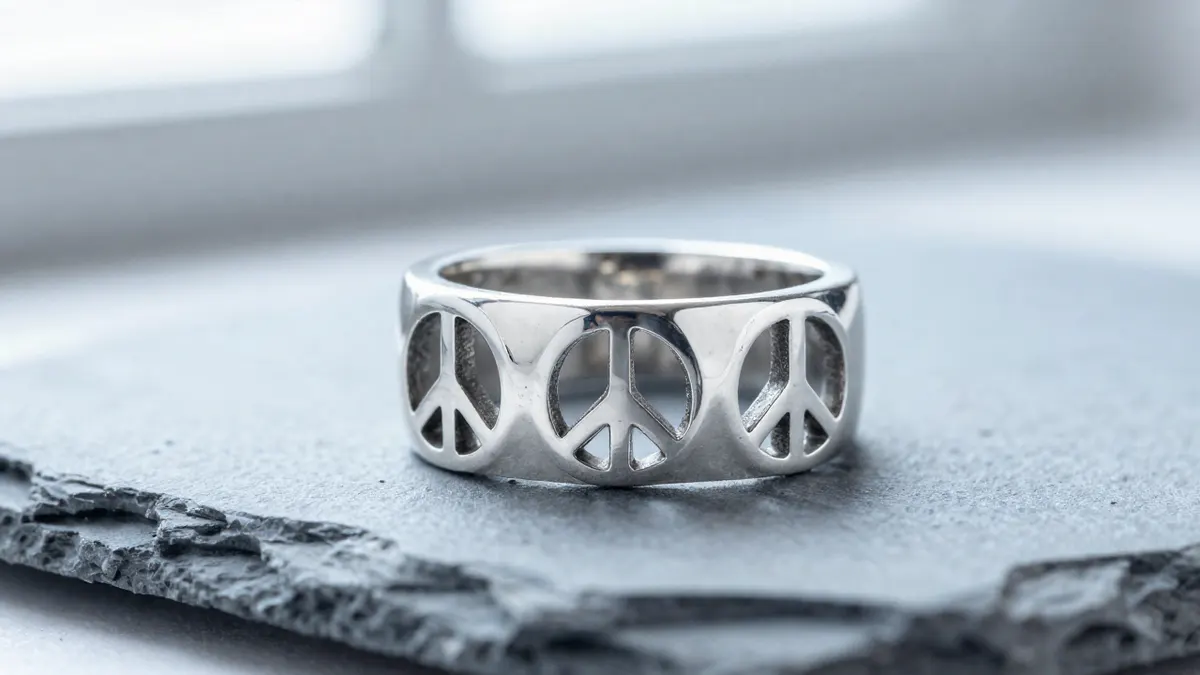 Sterling silver peace symbol ring with a raised polished emblem resting on textured stone in daylight