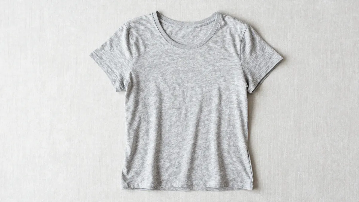 Women's graphic tee folded beside dark jeans and a leather belt on a wooden shelf in bright daylight