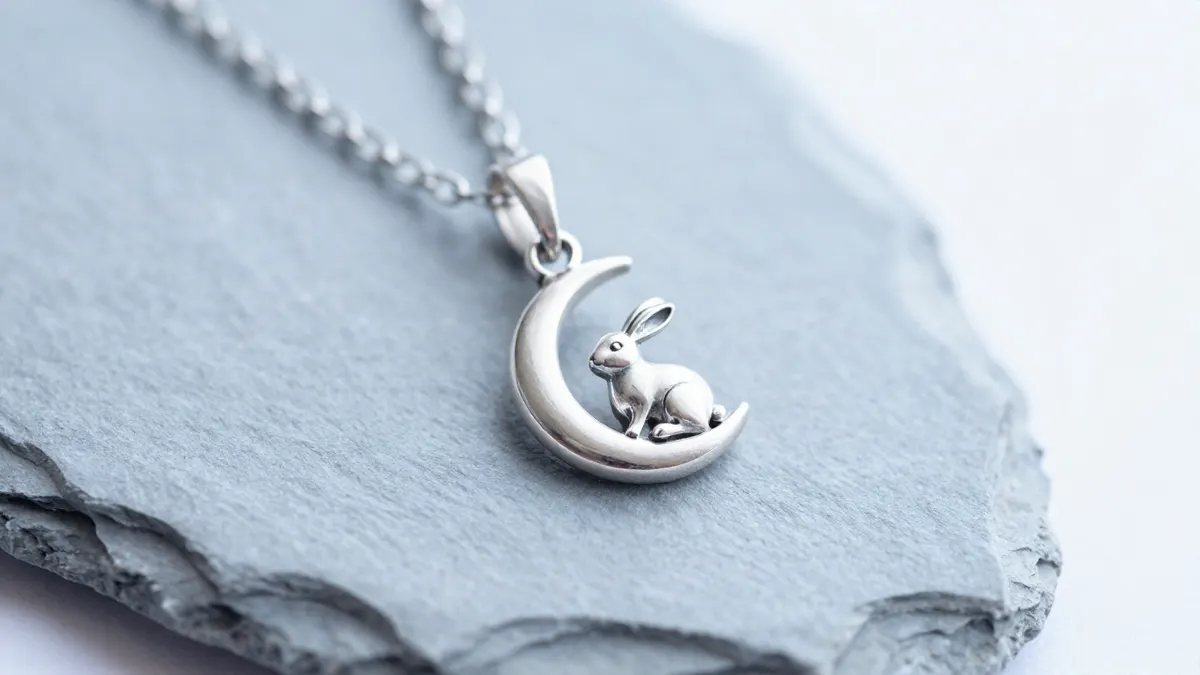 Dainty sterling silver moon and rabbit pendant on a fine chain against a soft dark blue backdrop