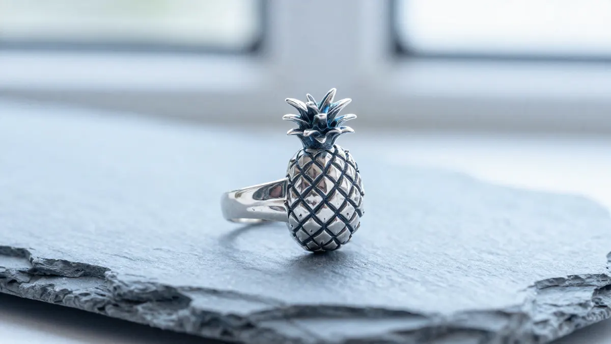 Pineapple engagement ring in sterling silver with textured scales, resting on linen beside a fresh pineapple slice