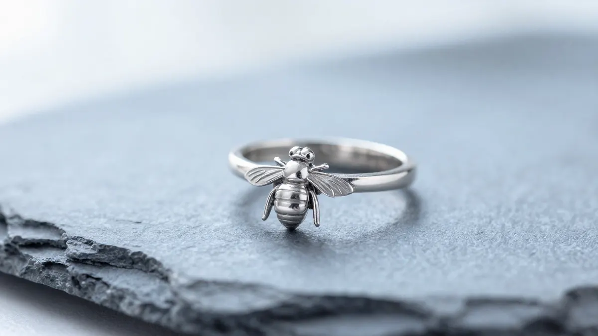 Sterling silver bee ring with textured striped body and tiny wings worn on a finger in a garden