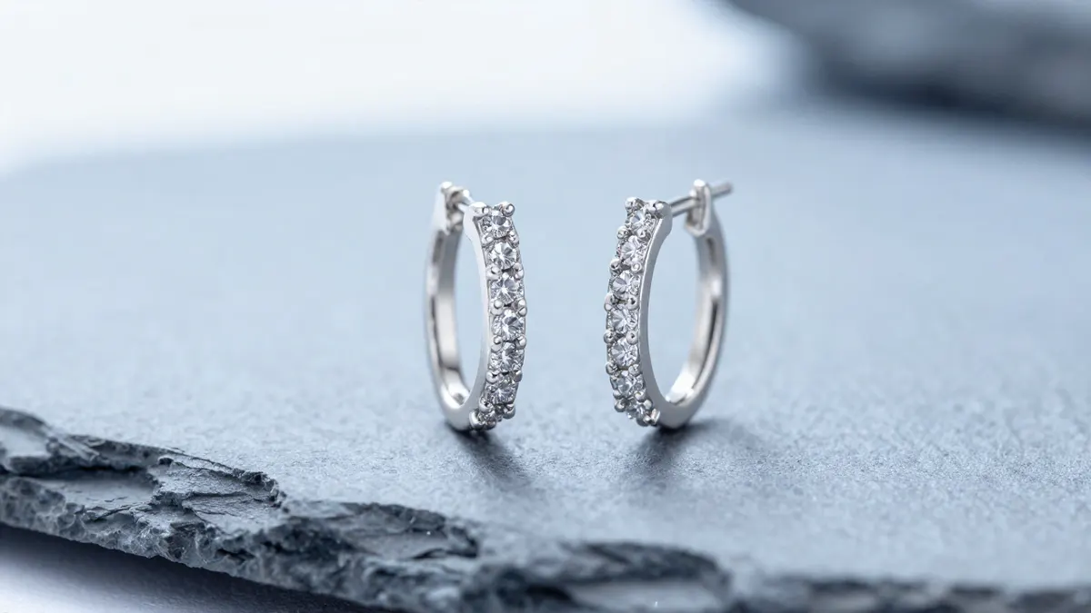 Sterling silver circle earrings with sparkling CZ stones displayed on soft gray stone under bright light
