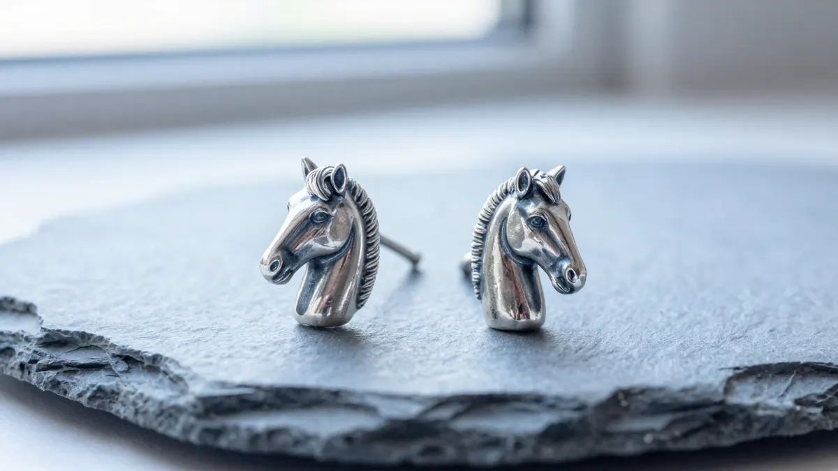 Sterling silver horse studs with small polished horse head earrings on dark leather in soft light