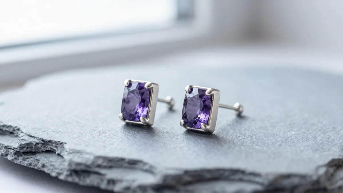 Dainty sterling silver earrings with rectangular purple amethyst stones resting on white linen