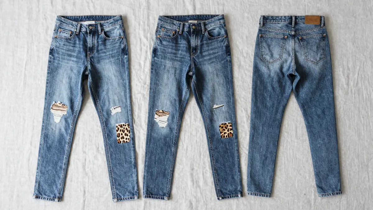 Blue denim jeans with leopard print patches on the knees and pockets, close view of spotted fabric texture