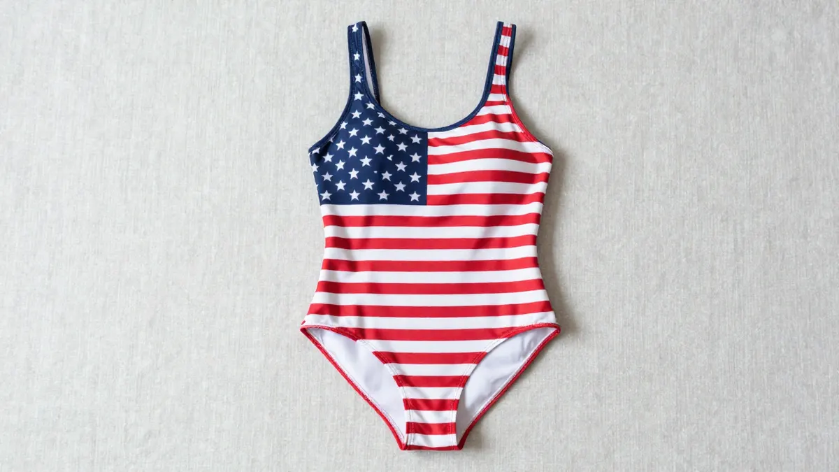 Red, white and blue one piece swimsuit displayed flat on a wooden deck beside a folded striped towel
