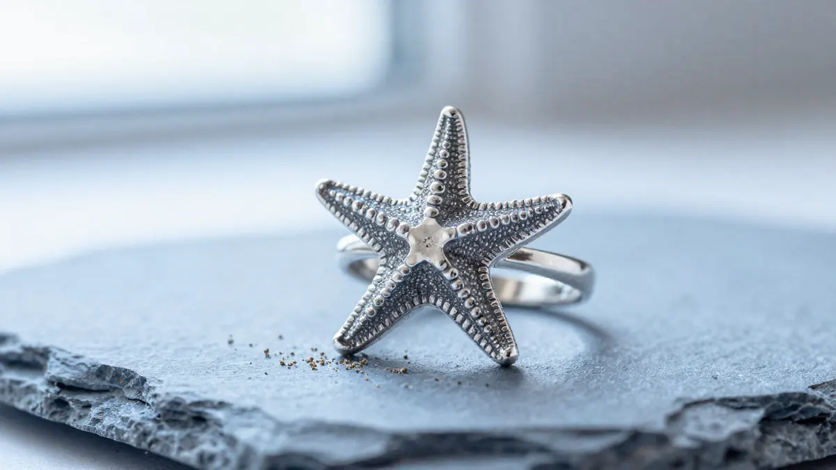 Starfish ring in sterling silver with curved arms resting on pale driftwood beside a small seashell