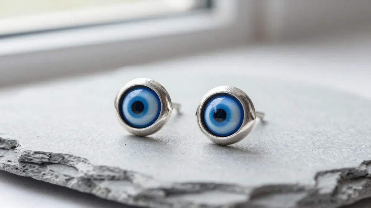 Pair of sterling silver evil eye stud earrings with blue enamel centers on a soft pale linen cloth