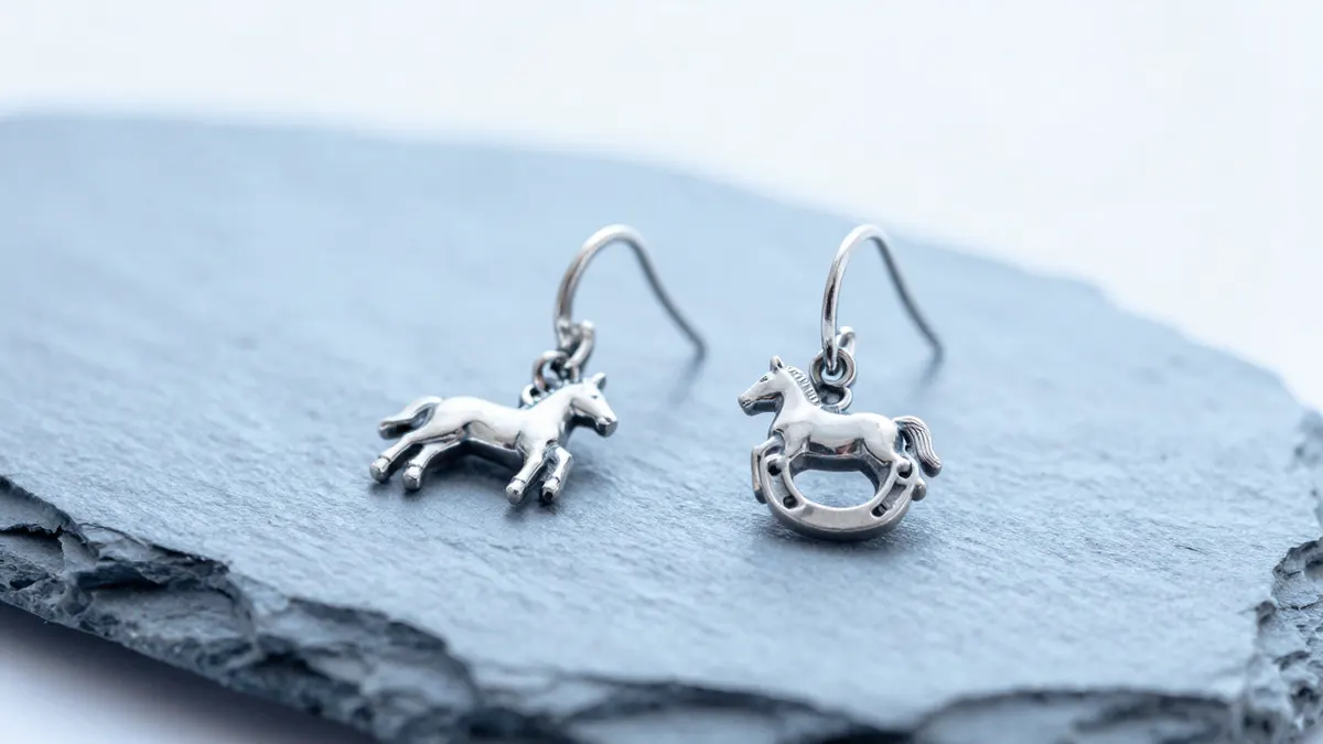Sterling silver horse and horseshoe earrings on warm wood beside a leather pouch, polished charms in soft daylight