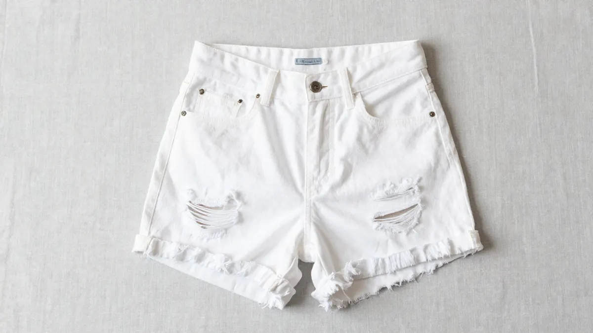 Kancan distressed white denim shorts with frayed ripped hems laid flat on a bright linen backdrop