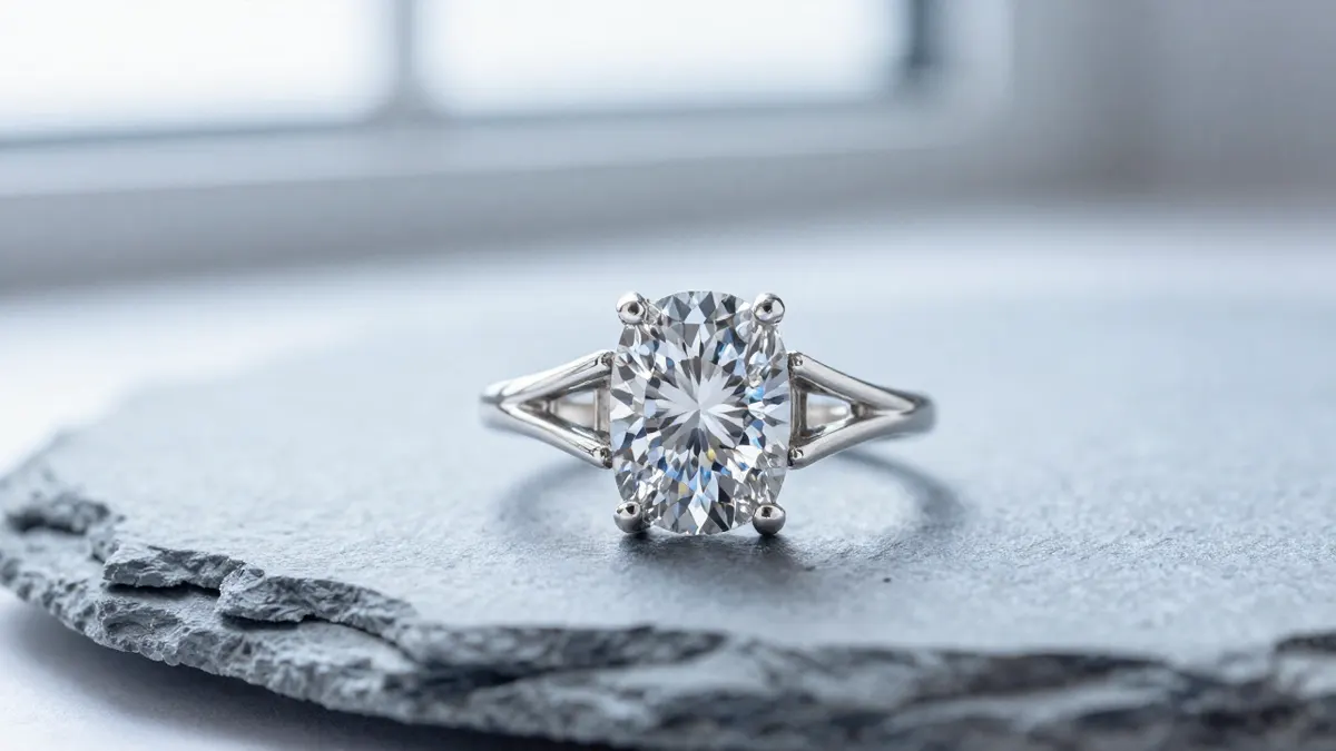Sterling silver ring with a brilliant cubic zirconia stone in a classic prong setting on pale stone