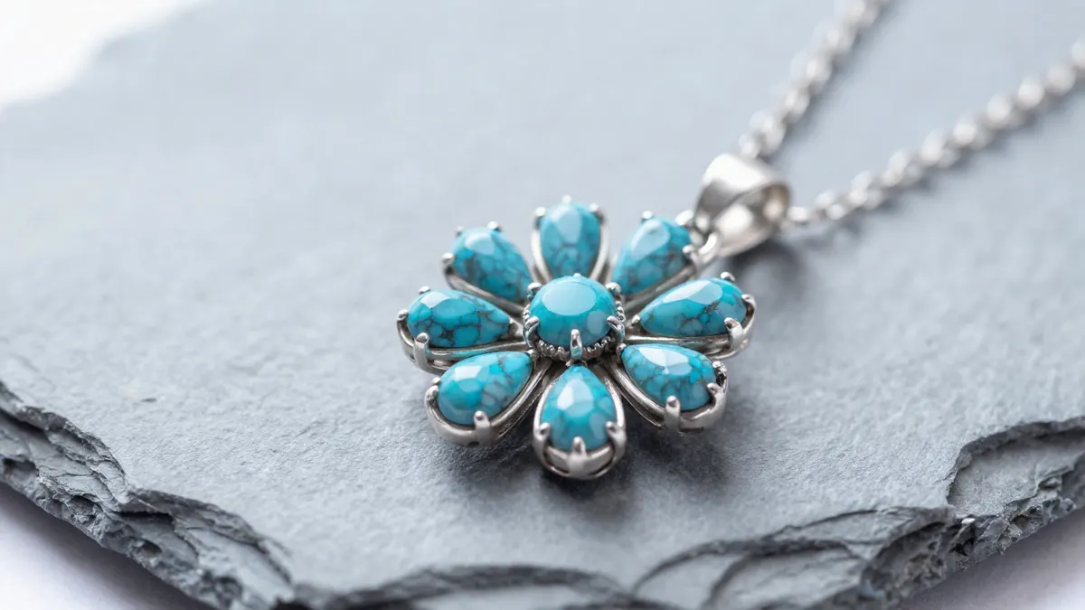 Turquoise flower pendant with silver petals and a round blue stone on a fine silver chain
