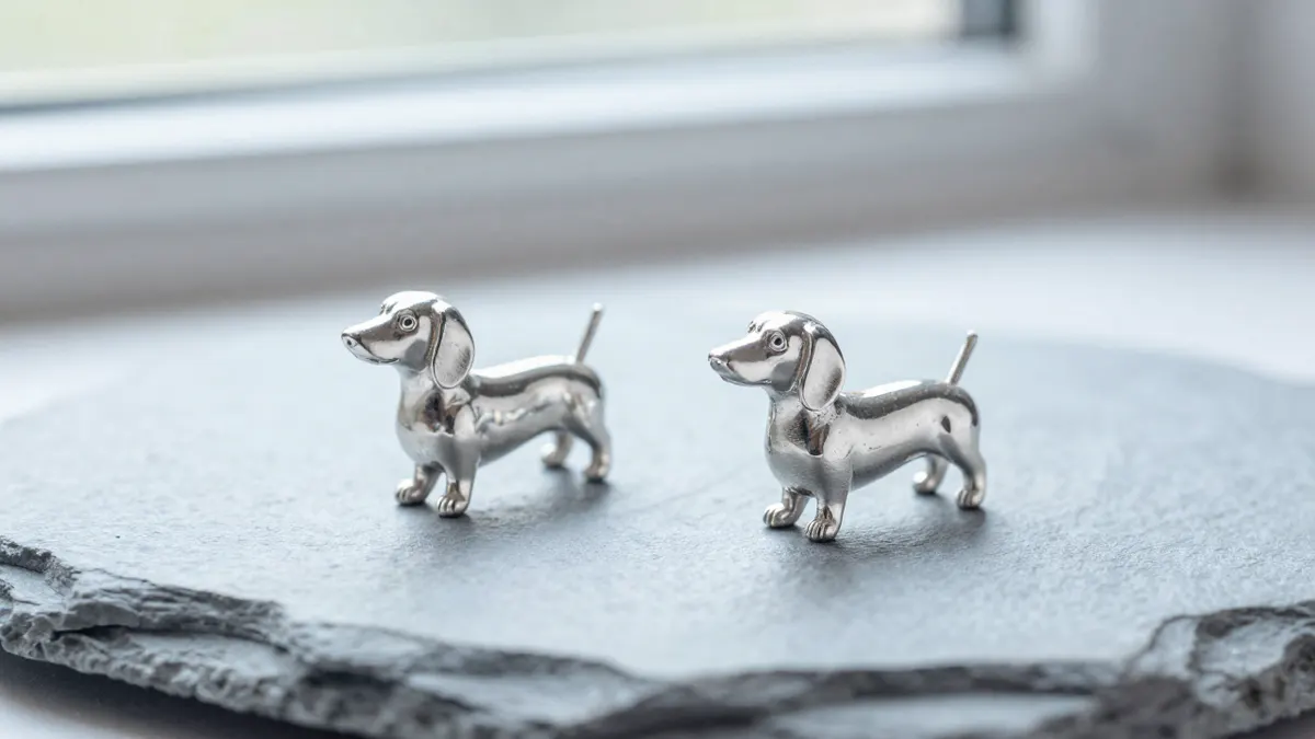 Pair of silver dachshund earrings with sculpted details resting on a wooden board in warm soft light