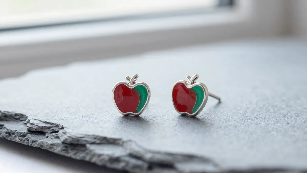Pair of sterling silver apple earrings with tiny leaf details lying on sage green fabric beside a fresh apple