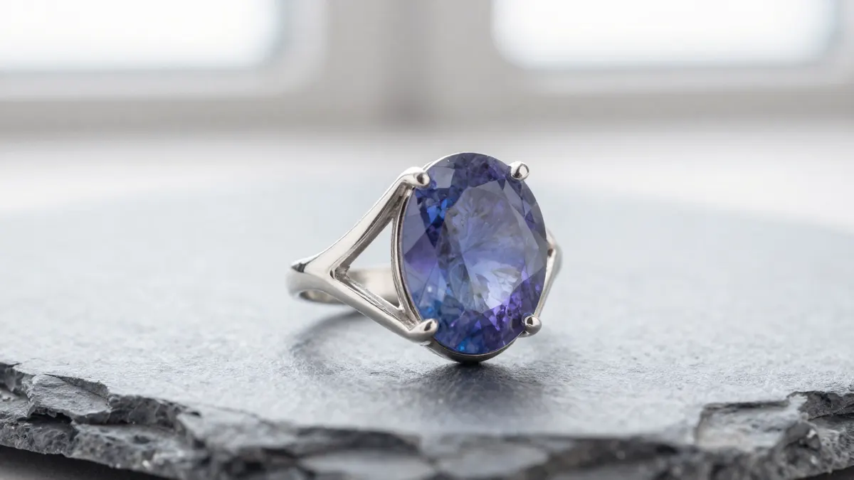 Faceted lolite gemstone set in sterling silver on dark slate, deep violet blue stone catching warm light