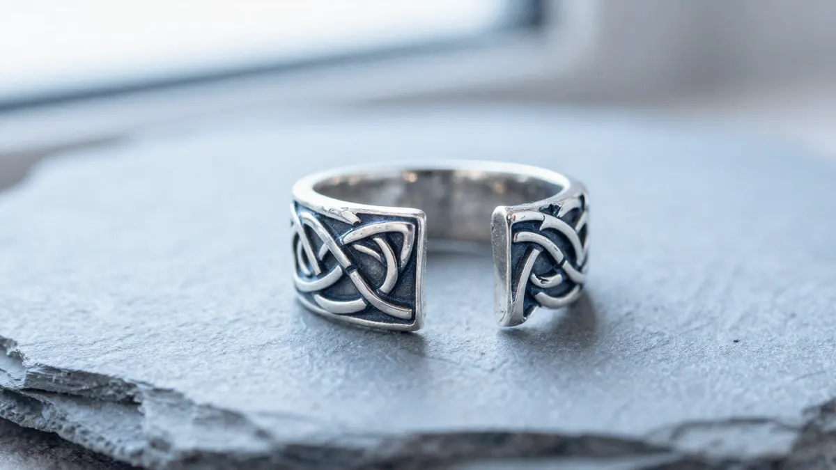 Oxidized sterling silver Celtic knot toe ring with engraved interlacing pattern on a pale linen background