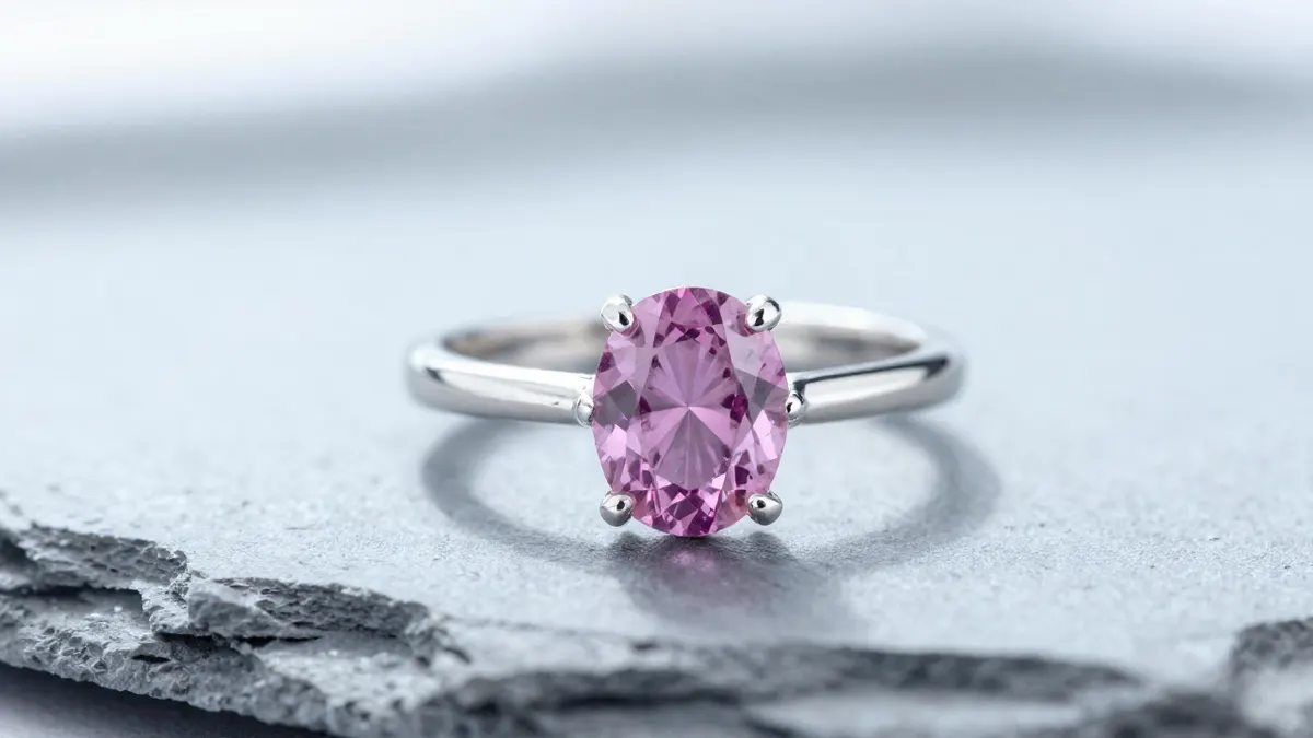 Pink sapphire CZ ring in sterling silver with a shade of pink gemstone catching light on dark velvet