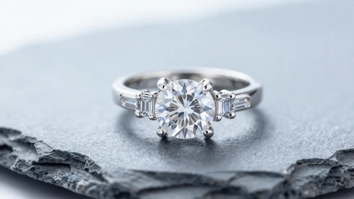 Solitaire ring accented with baguette stones in sterling silver resting on soft gray silk fabric