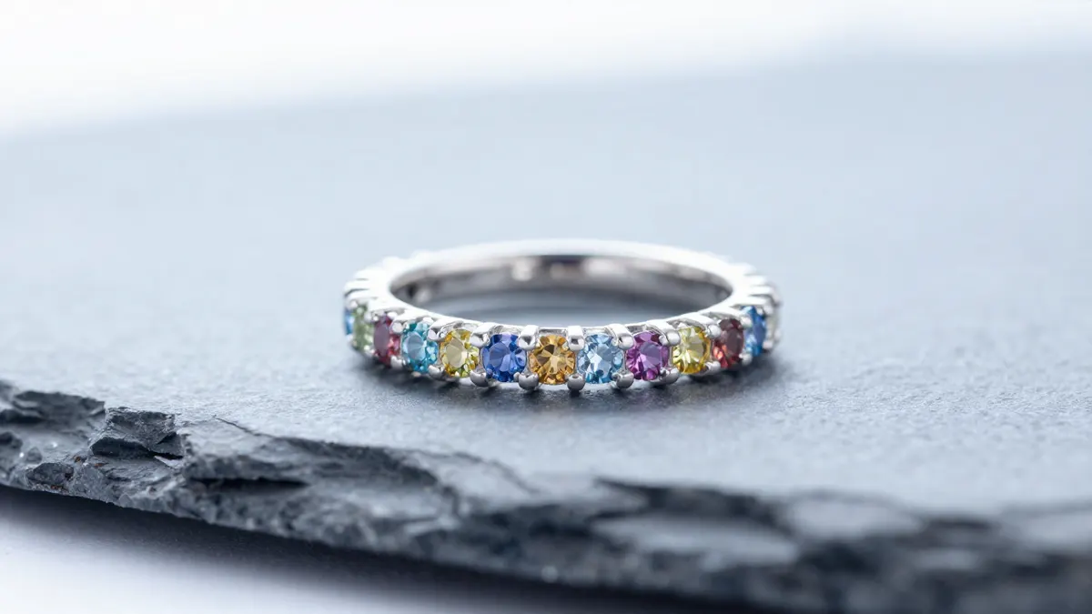 Sterling silver rainbow eternity band with colorful stones in a continuous row catching light on white