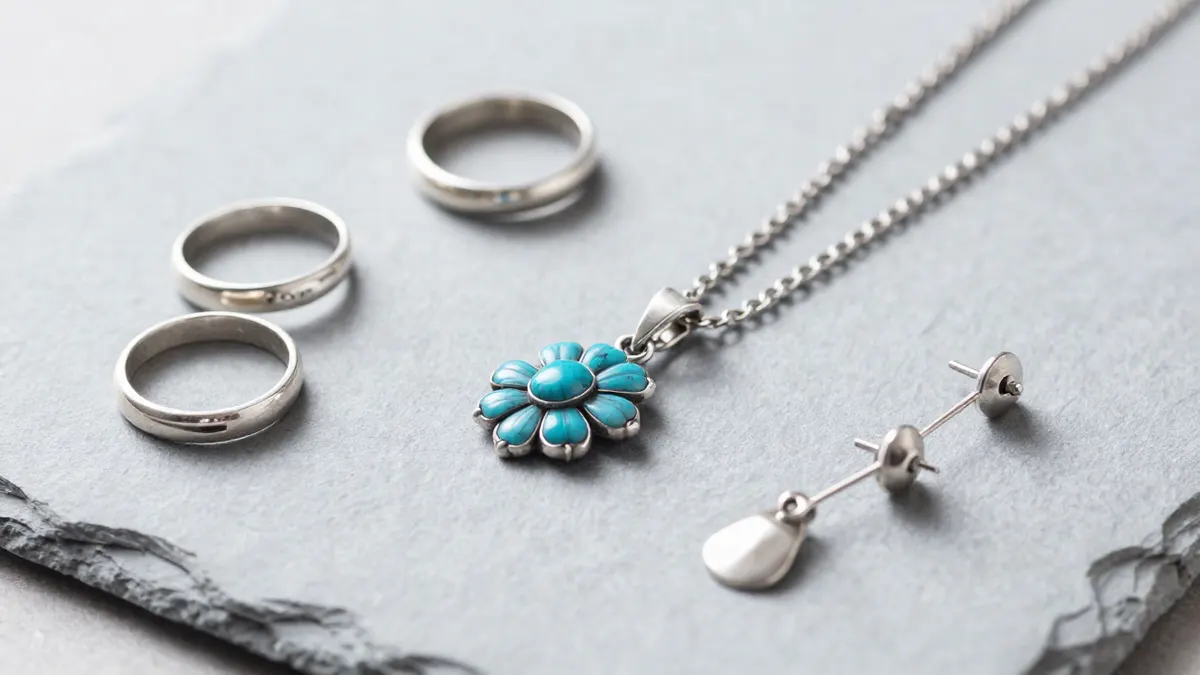 Assortment of sterling silver rings, pendants, chains and earrings displayed together on a pale marble surface