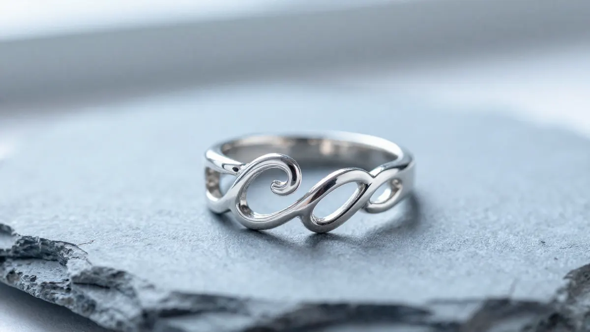 Sterling silver faith ring with a smooth polished band resting on an open book in warm candlelight
