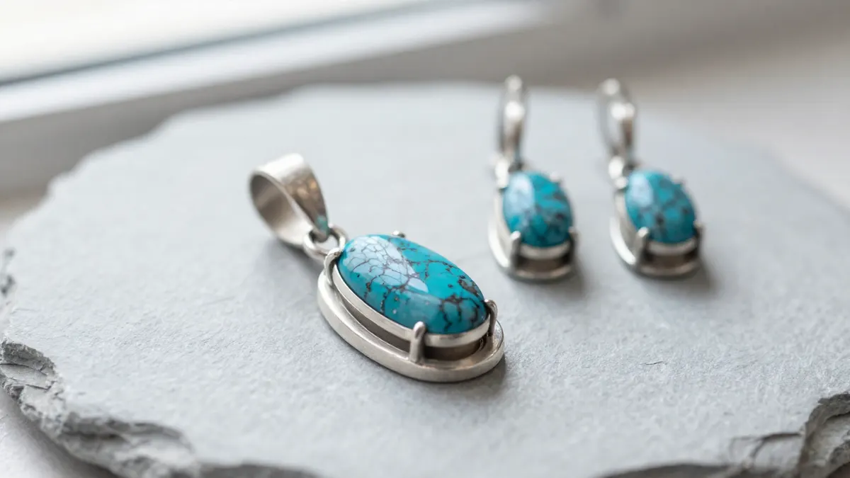 Spiny turquoise pendant and earring set in sterling silver arranged on sand-colored linen with dried grasses