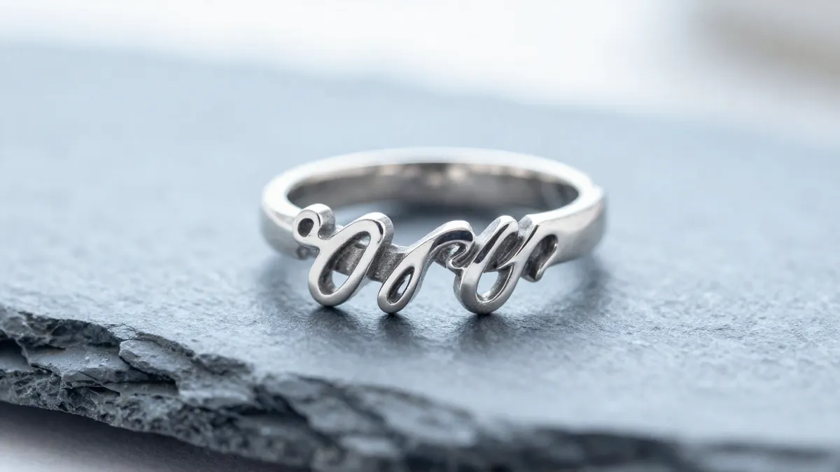 Sterling silver love script ring with smooth polished band resting on cream silk in soft warm light