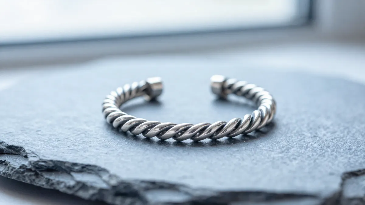 Sterling silver rope ear cuffs clipped onto an ear with twisted metal texture and soft side lighting