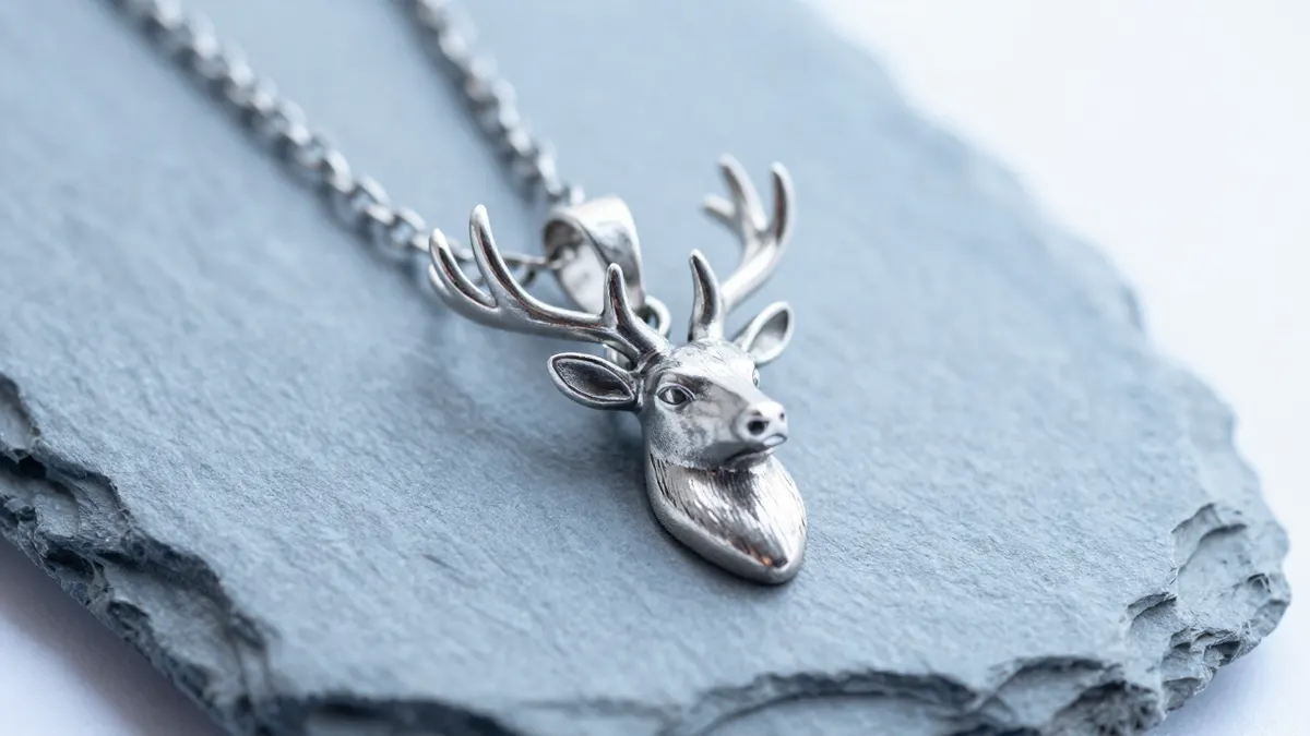 Sterling silver buck pendant with detailed textured metal on a thin chain draped over dark leather