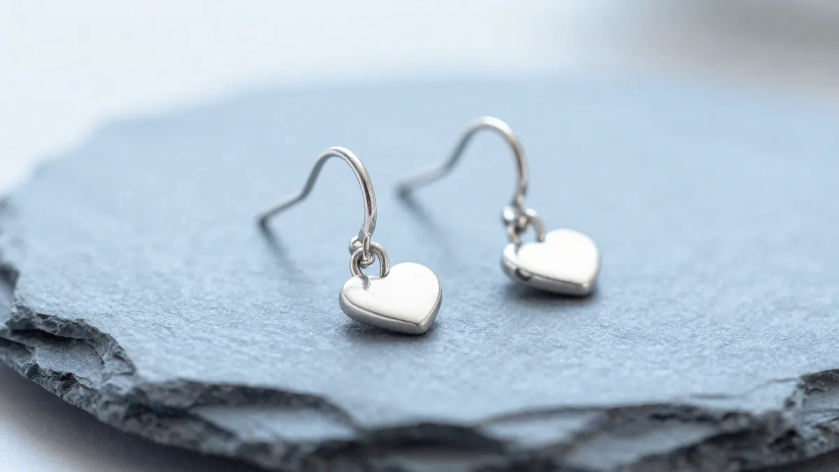 Pair of sterling silver heart threader earrings with thin wire hearts hanging against a soft grey background
