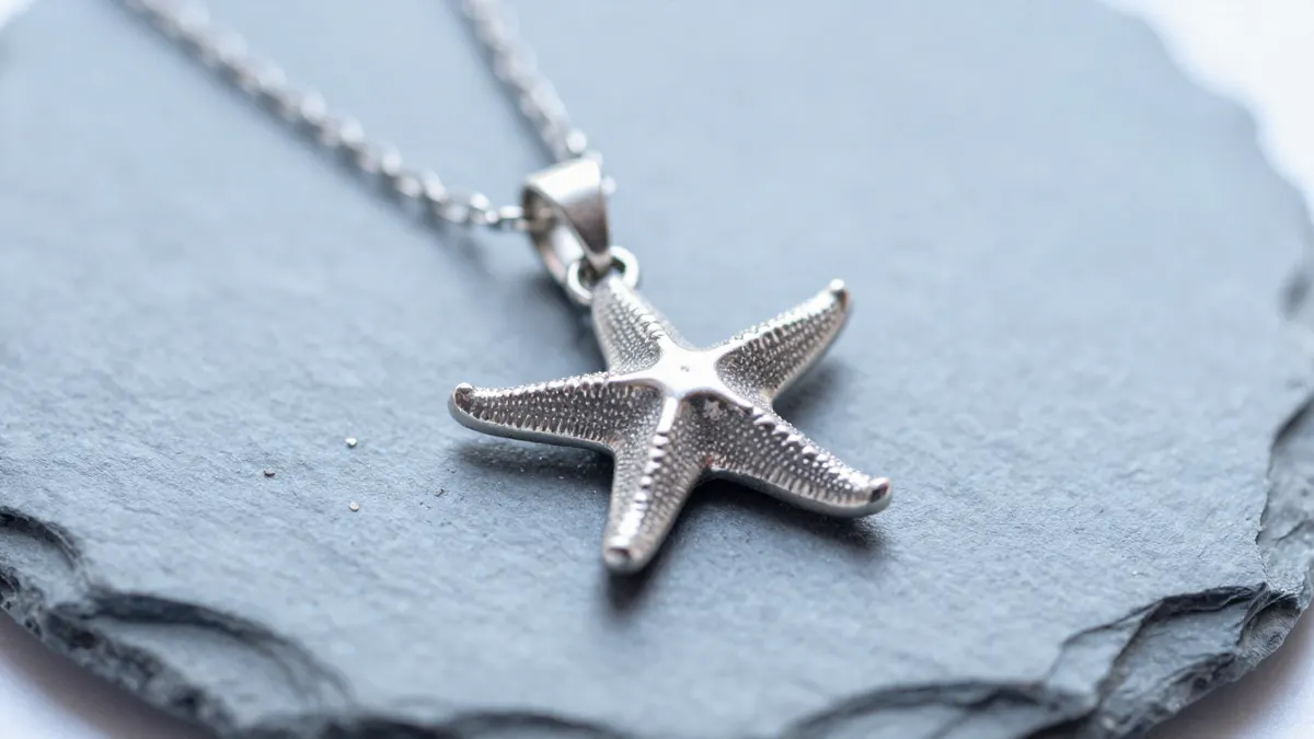 Sterling silver starfish pendant on a delicate chain draped over smooth wet pebbles near the sea