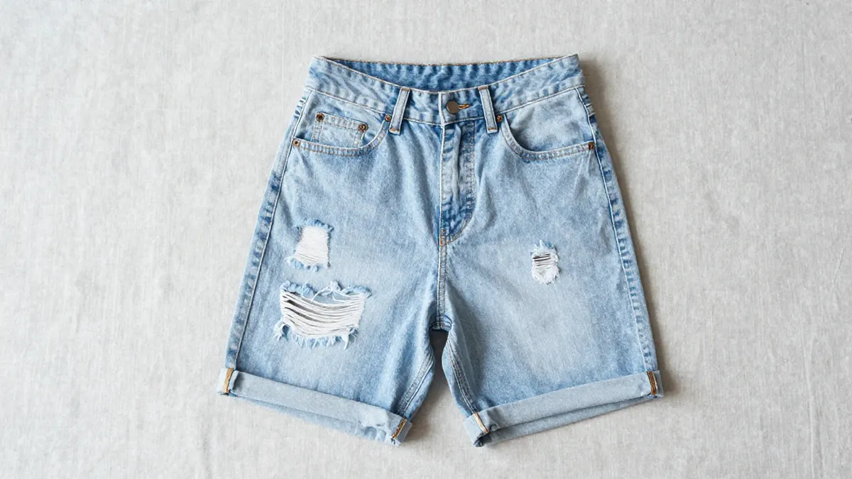 Kancan Bermuda shorts in light wash denim with frayed hems folded on a sunlit wooden deck by the beach