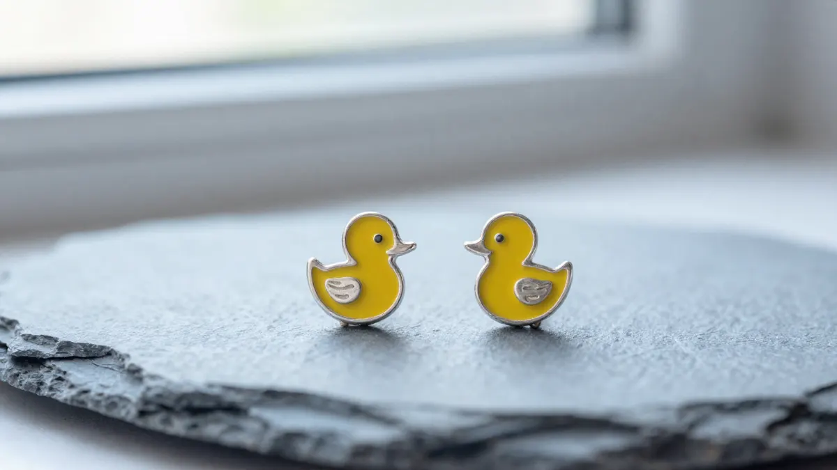 Yellow duckling earrings with tiny beaks and wings resting on a pastel pink pillow in bright daylight