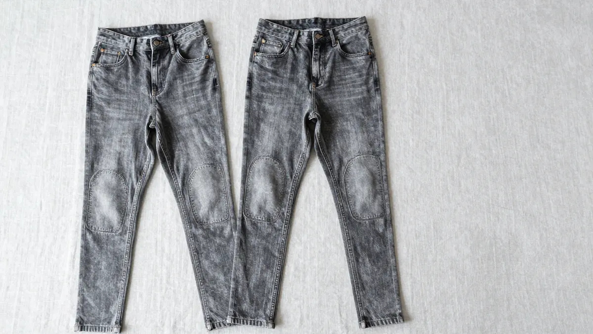 Black high-waisted fitted leggings for women folded on a wooden bench in a bright boutique