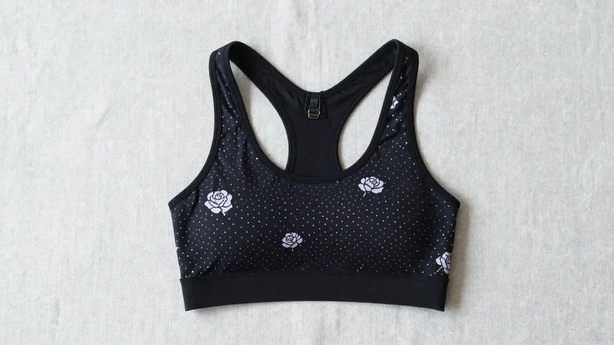 Mono B racerback sports bra in a bold print on a gym bench beside dumbbells in morning light