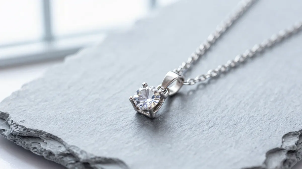 Heart necklace in sterling silver with a faceted crystal pendant on a fine chain against soft blush backdrop