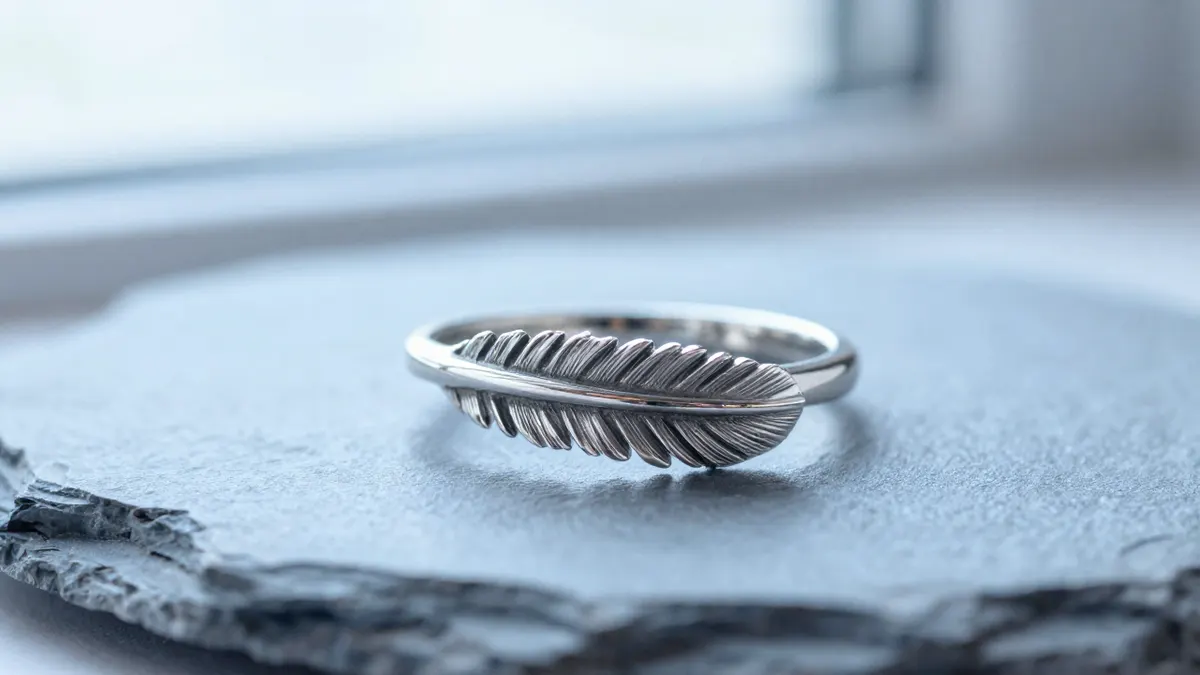 Silver feather ring with delicate engraved lines resting among soft white feathers in gentle light